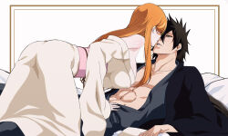 Rule 34 | 1boy, 1girl, abs, bare shoulders, black hair, bleach, breasts, brown eyes, collarbone, commentary, couple, english commentary, hair over eyes, highres, inoue orihime, japanese clothes, kimono, kurosaki ichigo, large breasts, long hair, long sleeves, looking at another, lying, mugetsu form (bleach), muscular, muscular male, on back, orange hair, parted lips, pectorals, pink sash, rozuberry, sash