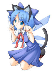Rule 34 | 1girl, :3, animal ears, blue eyes, blue hair, cat ears, cat girl, cat tail, cirno, dress, embodiment of scarlet devil, female focus, full body, highres, matching hair/eyes, paw pose, ribbon, shishi tooga, short hair, simple background, solo, tail, touhou, white background, wings