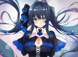 Rule 34 | 1girl, antenna hair, black bow, black capelet, black dress, blue bow, blue bowtie, blue eyes, blue hair, blush, bow, bowtie, breasts, capelet, cleavage, cleavage cutout, closed mouth, clothing cutout, commentary, copyright request, cross-laced clothes, cross-laced top, dress, floating hair, glint, gloves, hair bow, heart, heart hands, large breasts, long hair, long sleeves, looking at viewer, mole, mole on breast, petals, smile, solo, sparkle, symbol-only commentary, twintails, untue, upper body, very long hair, white gloves