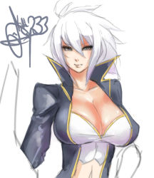 Rule 34 | 1girl, arc system works, blazblue, blazblue: chronophantasma, breasts, bullet (blazblue), bustier, cleavage, dark skin, dark-skinned female, eu03, huge breasts, impossible clothes, large breasts, navel, popped collar, short hair, sketch, solo, white hair