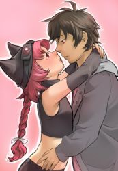 Rule 34 | 00s, 1boy, 1girl, animal ears, arms around neck, black hair, braid, cat ears, couple, crop top, dark-skinned male, dark skin, date kyousuke, detached sleeves, eye contact, goggles, goggles on head, hat, height difference, hetero, imminent kiss, looking at another, nakahara komugi, noses touching, nurse witch komugi-chan, pink eyes, pink hair, profile, roarke (lavenderincubus), single braid, soul taker, tatsunoko