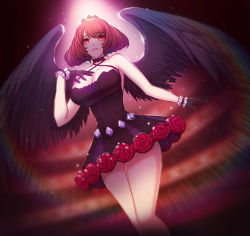 Rule 34 | 1girl, angel wings, anna (illusion connect), bare legs, bare shoulders, black gloves, black skirt, black wings, breasts, brown hair, cleavage, eyebrows hidden by hair, flower, gloves, illusion connect, large breasts, light, looking at viewer, open mouth, raoul (raoul77), red eyes, short hair, skirt, smile, solo, standing, wings