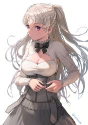 Rule 34 | 1girl, armpit cutout, breasts, brown eyes, cleavage, cleavage cutout, clothing cutout, conte di cavour (kancolle), corset, cowboy shot, dress, frilled dress, frills, kantai collection, large breasts, long hair, long sleeves, silver hair, simple background, solo, tantaka, two side up, white background, white dress