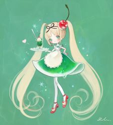 Rule 34 | 1girl, absurdly long hair, apron, blush, cherry hair ornament, cup, dress, food, food-themed hair ornament, fruit, green background, green dress, green eyes, hair ornament, hand on own hip, heart, long hair, no nose, original, pantyhose, red footwear, shirosaki london, shoes, signature, solo, very long hair, white apron, white pantyhose