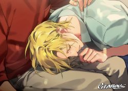 Rule 34 | 2boys, artist name, ash lynx, banana fish, blonde hair, collared shirt, closed eyes, gearous, lap pillow, lying, male focus, multiple boys, okumura eiji, on side, out of frame, shirt, sitting, solo focus, tears