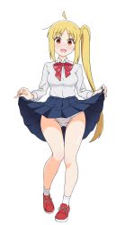 Rule 34 | 1girl, absurdres, ahoge, blonde hair, blue skirt, blush, bocchi the rock!, breasts, collared shirt, full-face blush, full body, gluteal fold, groin, highres, ijichi nijika, lifted by self, long bangs, looking at viewer, medium breasts, neck ribbon, panties, pleated skirt, red eyes, red footwear, ribbon, school uniform, shirt, side ponytail, simple background, skirt, smile, socks, solo, thigh gap, underwear, usazirou539, white background, white panties, white shirt, white socks