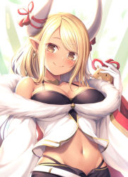 Rule 34 | 1girl, bad id, bad pixiv id, bare shoulders, belt, black shorts, blonde hair, blush, breasts, brown eyes, cleavage, closed mouth, collar, collarbone, crop top, dark-skinned female, dark skin, draph, earrings, fur trim, gloves, granblue fantasy, groin, halterneck, horns, jewelry, kumbhira (granblue fantasy), large breasts, long hair, long sleeves, looking at viewer, midriff, mutsuba fumi, navel, open fly, pointy ears, shorts, sidelocks, smile, solo, stomach, upper body, yellow eyes