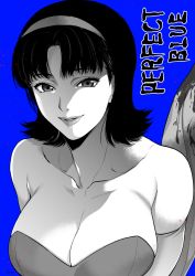 Rule 34 | 1girl, bare shoulders, black hair, blue background, breasts, cleavage, collarbone, commentary request, copyright name, elbow gloves, gloves, greyscale, greyscale with colored background, highres, kirigoe mima, large breasts, lips, looking at viewer, medium hair, monochrome, off shoulder, parted lips, perfect blue, solo, takatsuki ichi, upper body