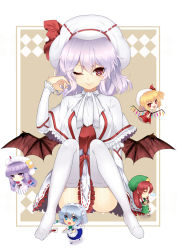 Rule 34 | 5girls, :d, ;), ascot, bat wings, blonde hair, blue eyes, blue hair, book, braid, capelet, chibi, closed eyes, crescent, cup, curiosities of lotus asia, fang, female focus, flandre scarlet, flying, hair flip, hat, hat ribbon, highres, hong meiling, izayoi sakuya, light purple hair, long hair, looking at viewer, maid, maid headdress, mi (liki1020), mini person, minigirl, multiple girls, nose bubble, one eye closed, open mouth, patchouli knowledge, purple eyes, purple hair, red eyes, red hair, remilia scarlet, ribbon, short hair, side ponytail, silver hair, simple background, sitting, skirt, sleeping, sleeping upright, smile, spill, star (symbol), teacup, thighhighs, touhou, tray, twin braids, white legwear, wings, wink