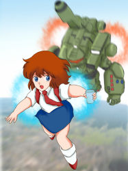 Rule 34 | 1980s (style), 1girl, blue eyes, brown hair, chasing, child, cup, daicon, daicon bunny girl, daicon iii, flying, glass, looking back, lowres, mecha, mobile infantry, necktie, oldschool, outdoors, retro artstyle, robot, school uniform, skirt, solo, uchuu no senshi, water