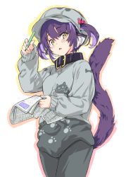 Rule 34 | 1girl, animal ear fluff, animal ears, black collar, blush, breasts, cabbie hat, collar, grey hat, grey pants, grey shirt, hair between eyes, hair through headwear, hand up, hat, highres, holding, holding pen, indie virtual youtuber, kiyama satoshi, kuroike momimi, long sleeves, looking at viewer, newspaper, outline, pants, parted lips, pen, puffy long sleeves, puffy sleeves, purple hair, shirt, sleeves past wrists, small breasts, solo, tail raised, twintails, virtual youtuber, white background, yellow eyes