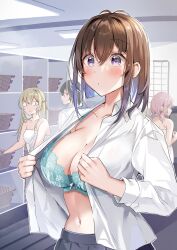 Rule 34 | 4girls, aqua bra, black skirt, blush, bra, breast envy, breasts, brown hair, changing room, cleavage, closed mouth, collarbone, colored inner hair, commentary request, hair between eyes, hawawa-chan (shiro kuma shake), highres, large breasts, long hair, looking at viewer, multicolored hair, multiple girls, naked towel, navel, open clothes, open shirt, original, pink hair, purple eyes, purple hair, shiro kuma shake, shirt, skirt, solo focus, standing, towel, underwear, undressing, white shirt