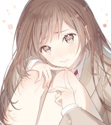 Rule 34 | 1girl, 3:, blazer, brown eyes, brown hair, closed mouth, collared shirt, gomzi, jacket, knees up, legs together, long hair, long sleeves, looking at viewer, original, school uniform, shirt, simple background, sitting, solo, twiddling fingers, white background, white shirt