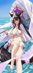 Rule 34 | a.h., absurdres, animal ears, bikini, black hair, blue archive, blush, bracelet, breasts, flower, fox ears, fox tail, halo, highres, holding, jewelry, korean commentary, large breasts, long hair, looking at viewer, ocean, parasol, purple bikini, sky, sweat, swimsuit, tail, umbrella, wakamo (blue archive), wakamo (swimsuit) (blue archive), yellow eyes