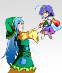 Rule 34 | 2girls, apron, blue hair, cape, dress, flying sweatdrops, green apron, grey background, haniyasushin keiki, head scarf, highres, holding, long hair, long sleeves, looking at another, maisuiren, multicolored clothes, multicolored dress, multiple girls, open mouth, red eyes, short hair, simple background, sky print, star (symbol), tenkyuu chimata, touhou, white cape, yellow dress