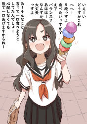 Rule 34 | 1girl, :d, bag, black eyes, black hair, black sailor collar, black skirt, commentary request, drooling, food, highres, holding, holding bag, holding food, ice cream, ice cream cone, long hair, neckerchief, open mouth, original, parted bangs, pleated skirt, red neckerchief, sailor collar, saliva, school bag, school uniform, serafuku, shirt, short eyebrows, skirt, smile, solo, thick eyebrows, translation request, very long hair, white shirt, yamamoto souichirou