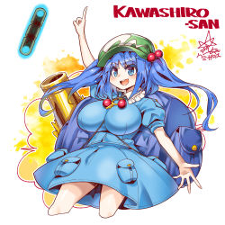 Rule 34 | 1girl, backpack, bag, blouse, blue eyes, blue hair, blue shirt, blue skirt, breasts, cannon, character name, english text, hair bobbles, hair ornament, kawashiro nitori, key, large breasts, looking at viewer, medium hair, open mouth, pocket, pointing, pointing up, red neckwear, shirt, short sleeves, signature, skirt, smile, solo, touhou, twintails, two side up, umigarasu (kitsune1963), white background