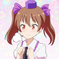 Rule 34 | 1girl, puff of air, black necktie, brown hair, cato (monocatienus), clenched hands, commentary, frilled shirt collar, frills, ganbaruzoi, hair ribbon, hat, himekaidou hatate, long hair, necktie, portrait, puffy sleeves, purple ribbon, red eyes, ribbon, shirt, smile, solo, tokin hat, touhou, twintails, white shirt