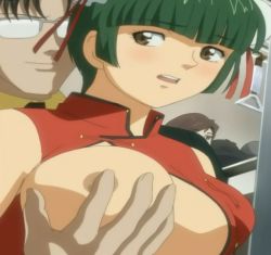 Rule 34 | 1boy, 1girl, blush, breasts, brown eyes, chinese clothes, embarrassed, from behind, grabbing, grabbing another&#039;s breast, green hair, hair bun, highres, large breasts, nakajima akio, nipples, no bra, open clothes, open mouth, public indecency, screencap, single hair bun, stitched, submission, third-party edit, train, tsuukin kairaku ~chikan de go!~, twintails, yellow eyes
