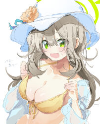 Rule 34 | 1girl, absurdres, bikini, blue archive, blush, breasts, cleavage, collarbone, front-tie bikini top, front-tie top, green eyes, halo, halterneck, hat, highres, jacket, large breasts, light brown hair, long hair, looking at viewer, nonomi (blue archive), nonomi (swimsuit) (blue archive), nyou 0, official alternate costume, see-through, see-through jacket, simple background, sketch, smile, solo, string bikini, sun hat, sweat, swimsuit, upper body, very long hair, white background, yellow bikini