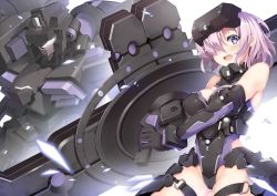 Rule 34 | 1girl, armor, armored dress, black armor, black gloves, black leotard, breasts, cleavage, fate/grand order, fate (series), gloves, head-mounted display, holding, holding shield, large breasts, leg armor, leotard, looking at viewer, mash kyrielight, mecha, mash kyrielight (ortenaus), pink hair, purple eyes, robot, shield, short hair, shoulder armor, visor lift, zelitto