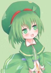 Rule 34 | 1girl, blush, female focus, from above, green eyes, green hair, hat, leaf, leaf on head, matching hair/eyes, no nose, object on head, open mouth, original, seoi ha, shize (coletti), simple background, solo, touhou, touhou shizenyu