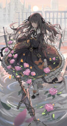 Rule 34 | 1girl, absurdres, arcaea, boots, bow, bruce 1354, chain, closed eyes, flower, hair rings, highres, planted, planted sword, planted weapon, solo, sun, sword, tairitsu (arcaea), tairitsu (axium) (arcaea), thorns, weapon