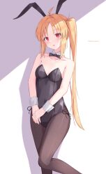 Rule 34 | 1girl, absurdres, animal ears, bare shoulders, black leotard, blonde hair, bocchi the rock!, bow, bowtie, collarbone, daidai (daidai826), highres, ijichi nijika, leotard, long hair, looking at viewer, open mouth, pantyhose, playboy bunny, rabbit ears, red eyes, side ponytail, simple background, solo, twitter username, very long hair, white background, wrist cuffs