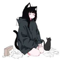 Rule 34 | 1girl, ahoge, animal ear fluff, animal ears, black cat, black hair, blush, cat, cat ears, cat tail, closed eyes, full body, grey hoodie, hands on own legs, highres, hood, hoodie, megateru, nose blush, original, oversized clothes, seiza, sitting, sleeves past wrists, smug, tail, thighs, tissue, tissue box, white background