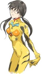 Rule 34 | 00s, 1girl, alternate color, arms behind back, black hair, bodysuit, bracer, breasts, brown eyes, cowboy shot, derivative work, from side, glasses, gloves, head tilt, interlocked fingers, light smile, long hair, looking at viewer, low twintails, makinami mari illustrious, neon genesis evangelion, own hands clasped, own hands together, plugsuit, rebuild of evangelion, rimless eyewear, sketch, skinny, small breasts, smile, solo, turtleneck, twintails