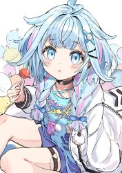 1girl absurdres ahoge anbasa_(amaneyuz13) blue_eyes blue_hair blue_shirt blue_shorts blunt_bangs blush_stickers braid candy cellphone chain chain_necklace choker food hair_ornament heart_o-ring highres holding holding_candy holding_food holding_lollipop hololive hololive_dev_is jacket jewelry lightning_ahoge lollipop long_hair long_sleeves looking_at_viewer low_twin_braids mizumiya_su multicolored_hair necklace o-ring o-ring_choker o-ring_thigh_strap open_clothes open_jacket phone pink_hair shirt short_shorts shorts simple_background sitting smartphone solo streaked_hair thigh_strap torn_clothes torn_shirt twin_braids virtual_youtuber white_background white_jacket x_hair_ornament