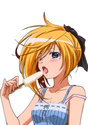 Rule 34 | 00s, 1girl, asu no yoichi, blonde hair, blue eyes, blush, bow, camisole, collarbone, food, hair ornament, ikaruga ayame, one eye closed, open mouth, popsicle, sexually suggestive, solo, strap slip, transparent background, vector trace, wink
