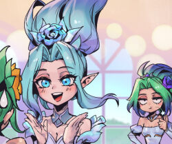 Rule 34 | 3girls, :d, akali, bare shoulders, breasts, cleavage, collarbone, crystal rose akali, crystal rose janna, crystal rose riven, detached sleeves, flower, green eyes, green flower, green hair, hair flower, hair ornament, janna (league of legends), juliet sleeves, large breasts, league of legends, long hair, long sleeves, looking at another, multiple girls, open mouth, orange flower, parted hair, phantom ix row, pointy ears, portrait, pout, puffy sleeves, purple flower, riven (league of legends), smile, star (symbol), teeth, upper teeth only, window