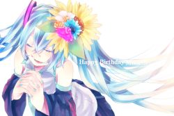Rule 34 | 1girl, aqua hair, bad id, bad pixiv id, detached sleeves, closed eyes, flower, hair flower, hair ornament, own hands clasped, hatsune miku, highres, long hair, nail polish, open mouth, own hands together, solo, twintails, very long hair, vocaloid, xxxka66