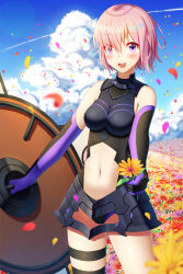 Rule 34 | 1girl, bare shoulders, blush, breasts, eyes visible through hair, fate/grand order, fate (series), flower, hair over one eye, highres, holding, holding flower, holding shield, ji dao ji, looking at viewer, mash kyrielight, medium breasts, navel, open mouth, pink hair, purple eyes, shield, short hair, smile, solo, teeth