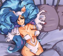 Rule 34 | 1girl, animal ears, animal hands, bare shoulders, bed, blue hair, breasts, cat ears, cat tail, claws, felicia (vampire), highres, large breasts, long hair, moxydraws, on bed, tail, vampire (game), very long hair