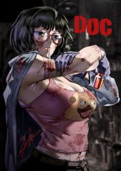 Rule 34 | 1girl, armpits, back 4 blood, bandaged arm, bandages, belt, black hair, blood, blood on clothes, blood on face, blurry, blurry background, bottle, breasts, cleavage, doc (back 4 blood), doctor, glasses, gloves, holding, holding bottle, in mouth, jacket, jacket on shoulders, large breasts, midriff, navel, pill bottle, pink tank top, purple gloves, red-framed eyewear, semi-rimless eyewear, short hair, solo, stained clothes, tank top, zunta