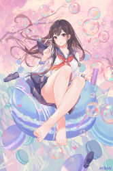 Rule 34 | 1girl, ass, atdan, bare legs, barefoot, blue sailor collar, blue skirt, blush, branch, breasts, brown hair, bubble, blowing bubbles, bubble pipe, cherry blossoms, feet, floating hair, food, full body, hand up, head tilt, highres, holding, knees up, loafers, long hair, long sleeves, looking at viewer, macaron, medium breasts, miniskirt, neckerchief, original, parted lips, red eyes, red neckerchief, sailor collar, school uniform, serafuku, shirt, shoes, unworn shoes, sidelocks, sitting, skirt, solo, thighs, toes, white shirt