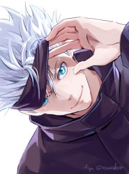 Rule 34 | 1boy, aya (shin&#039;ya meisai), black jacket, blindfold, blindfold lift, blue eyes, closed mouth, commentary request, gojou satoru, hair between eyes, hand up, high collar, jacket, jujutsu kaisen, long sleeves, looking at viewer, male focus, short hair, simple background, smile, solo, twitter username, upper body, white background, white hair
