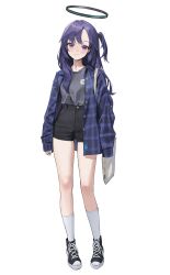 Rule 34 | 1girl, absurdres, alternate costume, alternate hairstyle, bag, black footwear, black jacket, black shorts, blue archive, blue jacket, casual, closed mouth, commentary, cross-laced footwear, full body, grey shirt, halo, highres, jacket, light smile, long hair, long sleeves, looking at viewer, one side up, open clothes, open jacket, purple eyes, purple hair, shirt, shoes, shorts, shoulder bag, simple background, smile, sneakers, socks, striped clothes, striped jacket, thighs, white background, white bag, white socks, xi xeong, yuuka (blue archive)