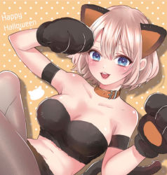 Rule 34 | 1girl, animal ears, animal hands, blonde hair, blue eyes, blush, breasts, cat ears, cat paws, cat tail, highres, kakkou no iinazuke, looking at viewer, medium breasts, official art, open mouth, short hair, tail, umino sachi (kakkou no iinazuke), yoshikawa miki