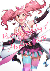 Rule 34 | 1girl, absurdres, breasts, brown eyes, character name, cleavage, clothing cutout, detached collar, elbow gloves, floating hair, gloves, happy birthday, highres, idol, idol clothes, leaning forward, macross, macross delta, makina nakajima, mosako, navel, navel cutout, necktie, open mouth, pink hair, pink skirt, purple necktie, skirt, solo, thighhighs, twintails