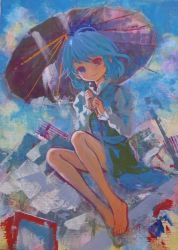 Rule 34 | 1girl, acrylic paint (medium), ama-tou, barefoot, blue eyes, blue hair, feet, female focus, foreshortening, heterochromia, matching hair/eyes, outdoors, painting (medium), red eyes, short hair, sitting, sky, smile, solo, tatara kogasa, touhou, traditional media, umbrella