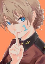 Rule 34 | 1girl, absurdres, blonde hair, blue eyes, body writing, braid, bright pupils, commentary, darjeeling (girls und panzer), epaulettes, finger to mouth, girls und panzer, highres, jacket, long sleeves, looking at viewer, military, military uniform, orange background, oze (xyz go go11), red jacket, simple background, smile, solo, st. gloriana&#039;s military uniform, uniform, white pupils, writing