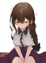 Rule 34 | 1girl, arms between legs, blush, breasts, brown hair, cleavage, commentary request, heart, high-waist skirt, highres, hiiragi ken, idolmaster, idolmaster shiny colors, kuwayama chiyuki, large breasts, long braid, looking down, partially unbuttoned, red skirt, shirt, simple background, sitting, skirt, solo, sweat, thighs, white background, white shirt
