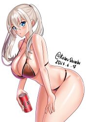 Rule 34 | 1girl, absurdres, bikini, blonde hair, blue eyes, breasts, brown bikini, can, cleavage, commentary request, cowboy shot, dated, drink can, graf zeppelin (kancolle), hair between eyes, highres, holding, holding can, kantai collection, katou shinobu, large breasts, leaning forward, looking at viewer, one-hour drawing challenge, partial commentary, sidelocks, simple background, soda can, solo, standing, swimsuit, twintails, white background