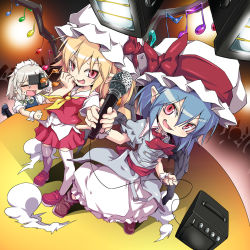 Rule 34 | 3girls, :d, ahoge, ascot, bat wings, black legwear, blonde hair, blue hair, blush, bow, cable, camera, closed eyes, fang, female focus, flandre scarlet, grey hair, hair bow, hat, hat bow, hat ribbon, holding, izayoi sakuya, lights, loafers, looking at viewer, microphone, multiple girls, musical note, noya makoto, open mouth, pointy ears, red eyes, remilia scarlet, ribbon, shoes, siblings, side ponytail, sisters, skirt, skirt set, smile, stage, standing, thighhighs, touhou, white legwear, wings, wrist cuffs
