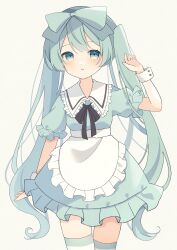 Rule 34 | 1girl, absurdres, alice (alice in wonderland), alice (alice in wonderland) (cosplay), apron, blue eyes, blue hair, blush, bow, collared dress, commentary, cosplay, cowboy shot, dress, frilled apron, frilled shirt collar, frills, hair bow, hand up, hatsune miku, highres, long hair, neck ribbon, parted lips, ribbon, short sleeves, solo, thighhighs, twintails, very long hair, vocaloid, waist apron, wrist cuffs, yomiya yumeha