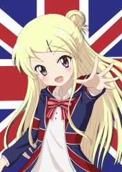 Rule 34 | 10s, 1girl, :d, blonde hair, bluebrute, blush, bow, collared shirt, flag print, flat chest, hair bun, hair ornament, hairclip, jacket, kin-iro mosaic, kujou karen, long hair, long sleeves, looking at viewer, multicolored background, open mouth, outstretched arm, outstretched hand, pink bow, purple eyes, school uniform, shadow, shirt, short sleeves, sidelocks, simple background, single hair bun, smile, solo, striped, striped bow, union jack, upper body, very long hair, white shirt, x hair ornament