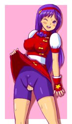 Rule 34 | 1girl, asamiya athena, bike shorts, breasts, censored, clothes lift, come hither, covered erect nipples, fingerless gloves, gloves, highres, large breasts, legs, lifting own clothes, long hair, one eye closed, open mouth, presenting, purple hair, pussy, skirt, skirt lift, smile, snk, solo, sweat, the king of fighters, thighs, torn clothes, tsumitani daisuke